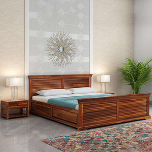 Hearti Sheesham Wood Queen Size Bed In Teak Finish With Box Storage (60 x 78 inches)