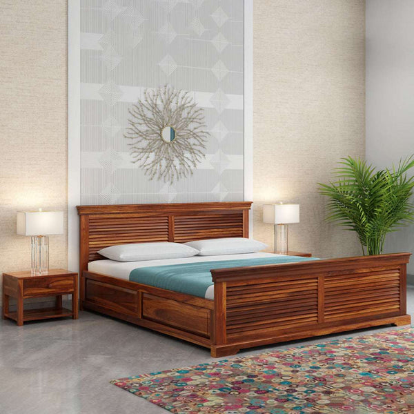 Hearti Sheesham Wood Queen Size Bed In Teak Finish With Box Storage (60 x 78 inches)