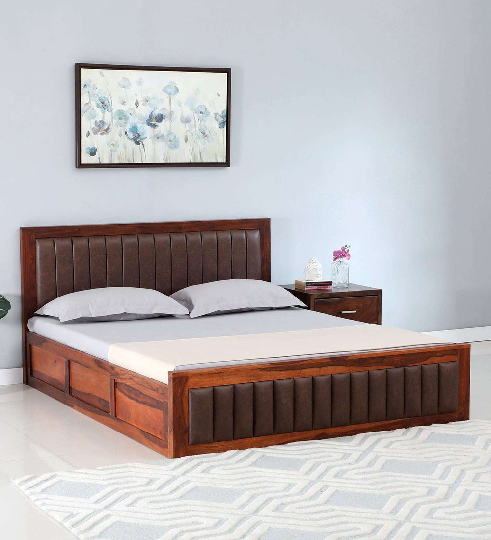 Dijon Sheesham Wood Queen Size Bed in Honey Oak Finish With Box Storage