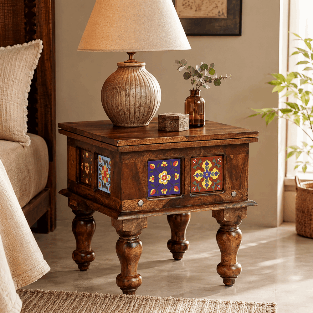 Rangrez Sheesham Wood Night Stand In Provincial Teak Finish