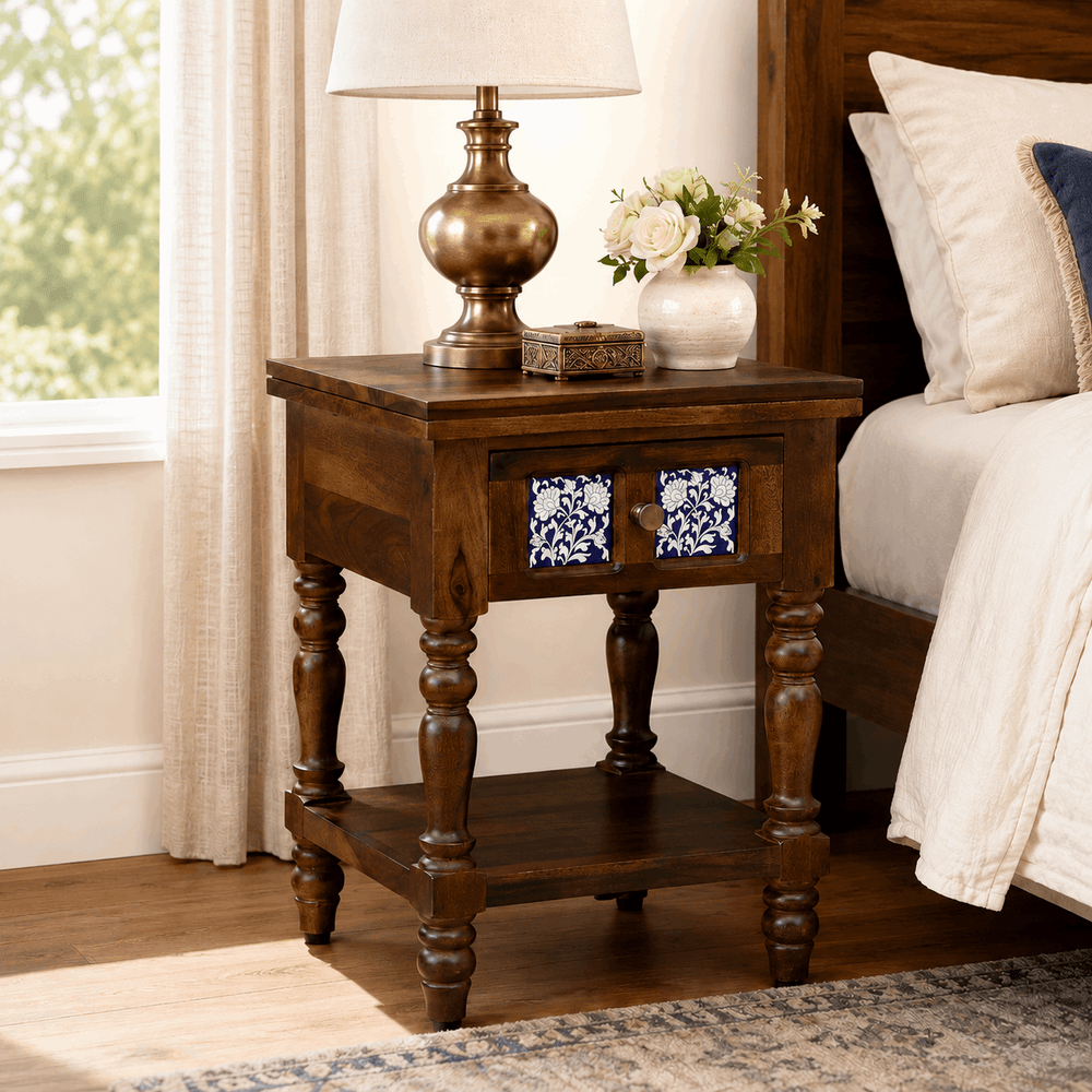 Nilaya Sheesham Wood Bedside Table In Provincial Teak Finish With Drawer