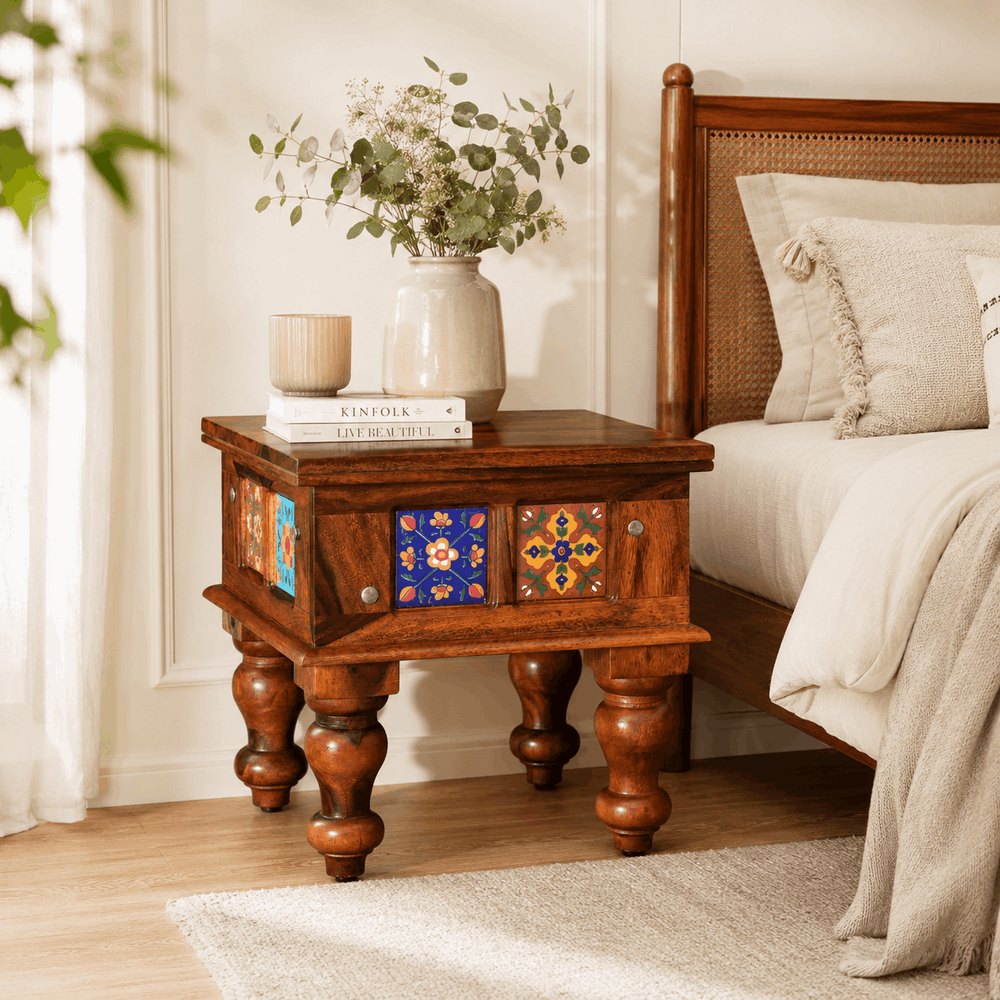 Rangrez Sheesham Wood Bedside Table In Honey Oak Finish