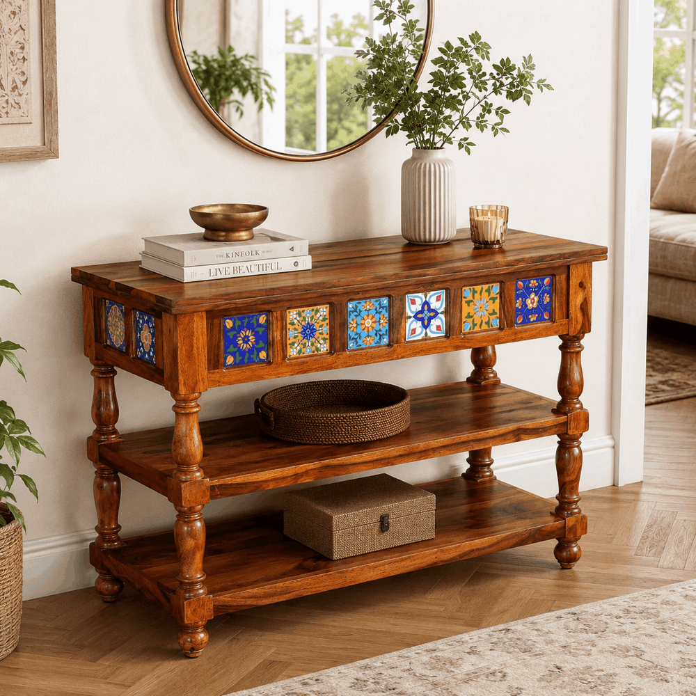 Rangrez Sheesham Wood Console Table In Honey Oak Finish