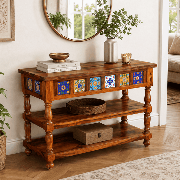 Rangrez Sheesham Wood Console Table In Honey Oak Finish