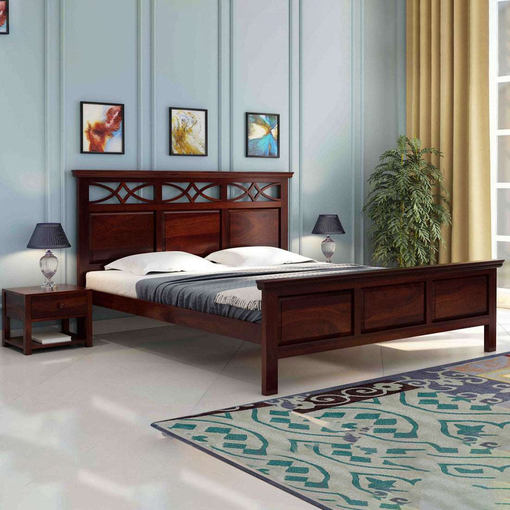 Tulsi Sheesham Wood Queen Size Bed In Walnut Finish Without Storage (60 x 78 inches)