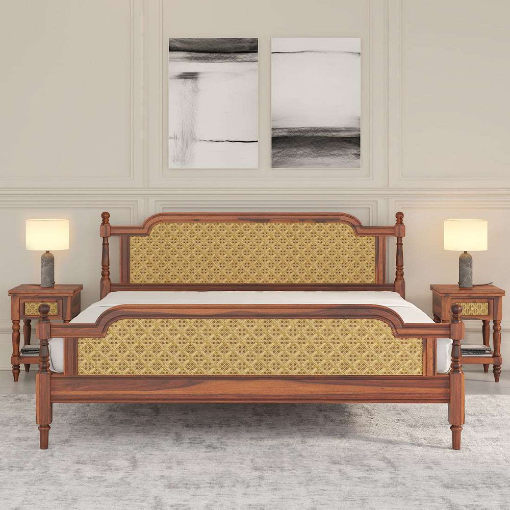 Malacca Solid Wood Queen Size Non - Storage Bed In Honey Oak Finish (72 - 78 inch)