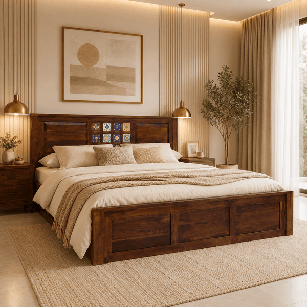 Rangrez Sheesham Wood King Size Bed In Provincial Teak Finish With Box Storage (72 - 78 inch Mattress Size)