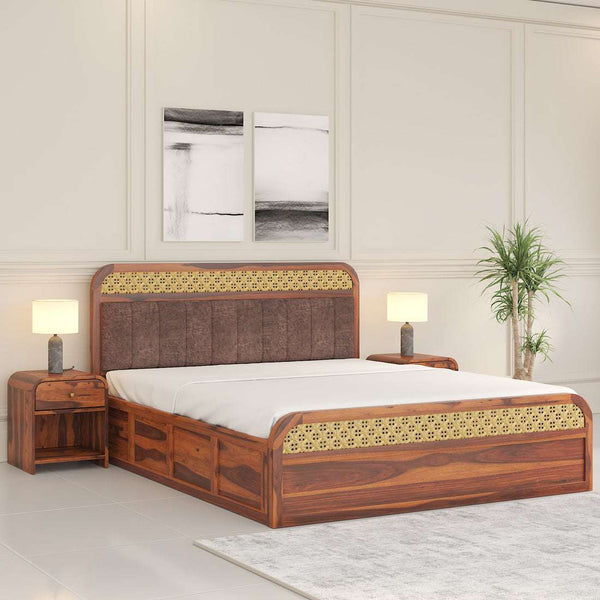 Yashvi Solid Wood Queen Size Hydrulic Storage Bed In Honey Oak Finish (Brown) (60 - 78 inch)