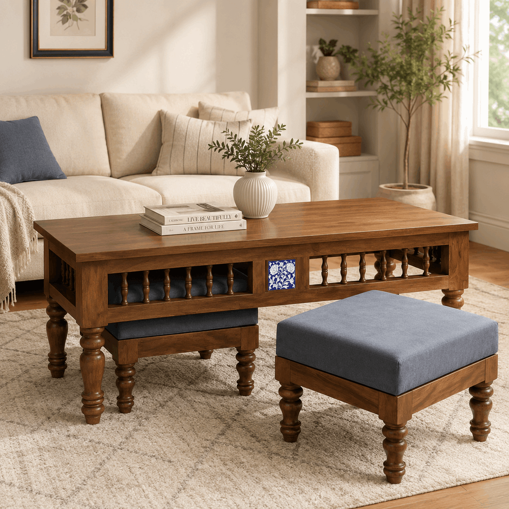 Nilaya Sheesham Wood Nesting Coffee Table Set in Provincial Teak Finish With Cushioned Stools