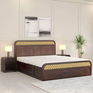 Floral Solid Wood Queen Size Hydrulic Storage Bed In Walnut Finish (Brown) (60 - 78 inch)