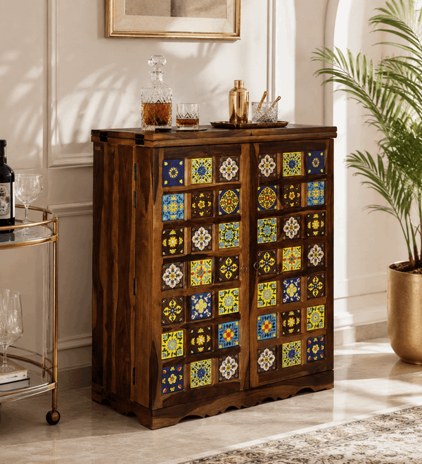 Rangrez Sheesham Wood Bar Cabinet In Provincial Teak Finish