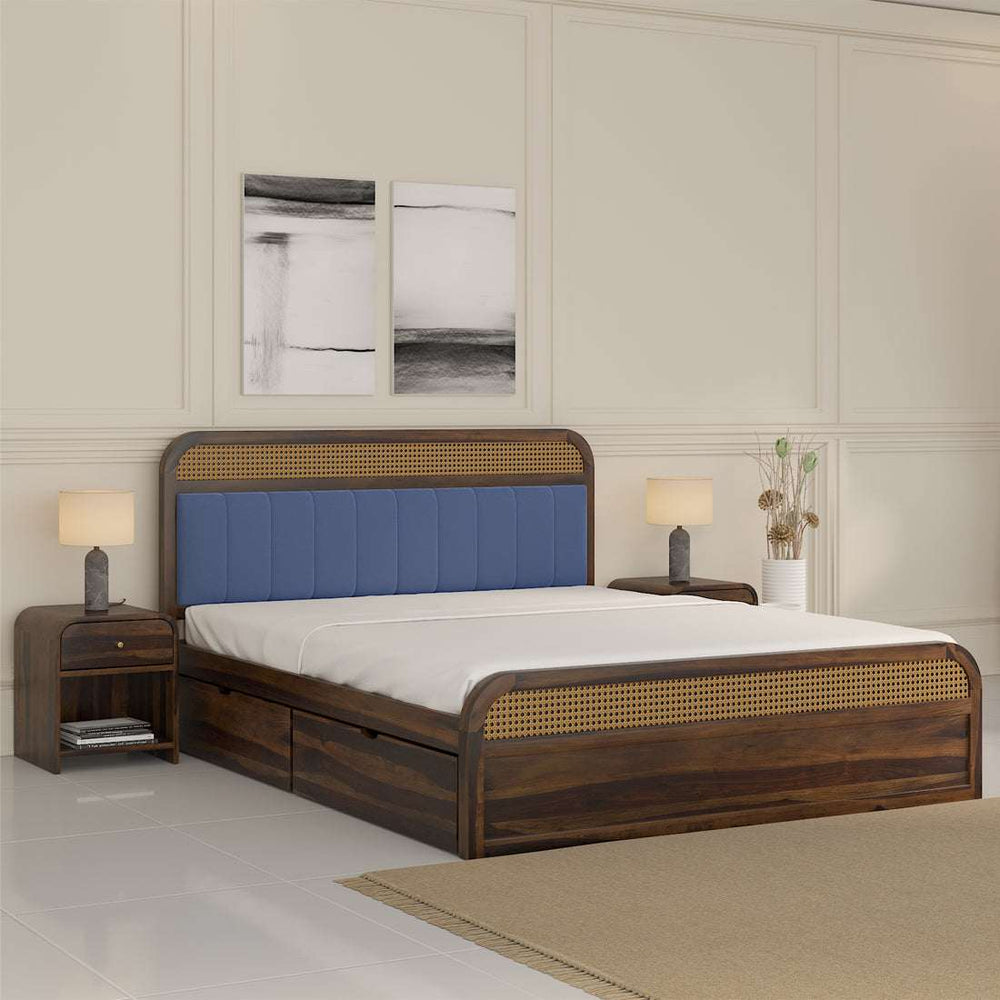 Yashvi Solid Wood Queen Size Side drawer Storage Bed In Provincial Teak Finish ( Blue) (60 - 78 inch)