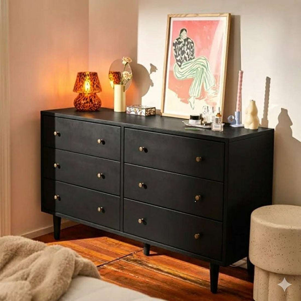 Rowling Solid Wood Chest Of 6 Drawers In Matte Black Finish