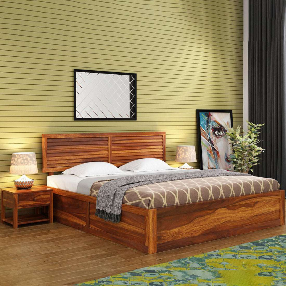 Hearti Sheesham Wood Queen Size Bed In Teak Finish With Box & Drawer Storage (60 x 78 inches)