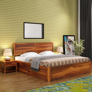 Hearti Sheesham Wood Queen Size Bed In Teak Finish With Box & Drawer Storage (60 x 78 inches)