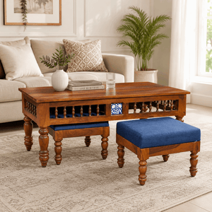 Nilaya Sheesham Wood Nesting Coffee Table Set in Honey Oak Finish With Cushioned Stools