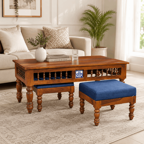 Nilaya Sheesham Wood Nesting Coffee Table Set in Honey Oak Finish With Cushioned Stools