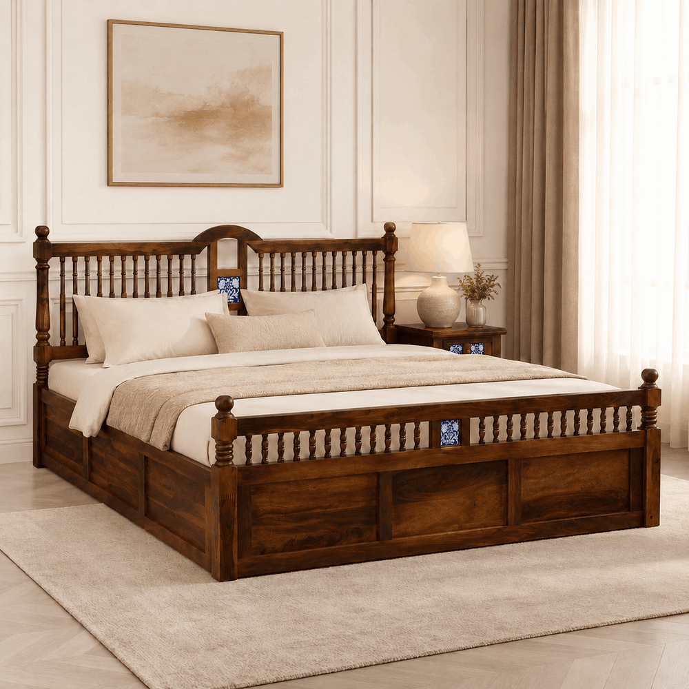 Nilaya Sheesham Wood Queen Size Bed In Provincial Teak Finish With Box Storage (60 - 78 inch Mattress Size)