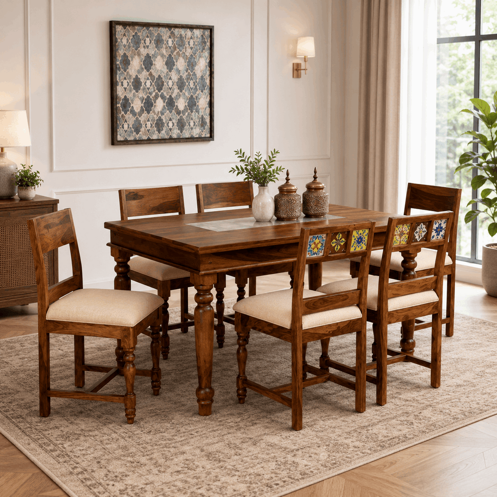 Rangrez Sheesham Wood 6 Seater Dining Set In Provincial Teak Finish With Cushioned Chair