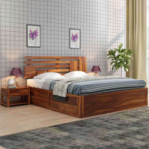 Perper Sheesham Wood Queen Size Bed In Teak Finish With Hydraulic Storage (60 x 78 inches)