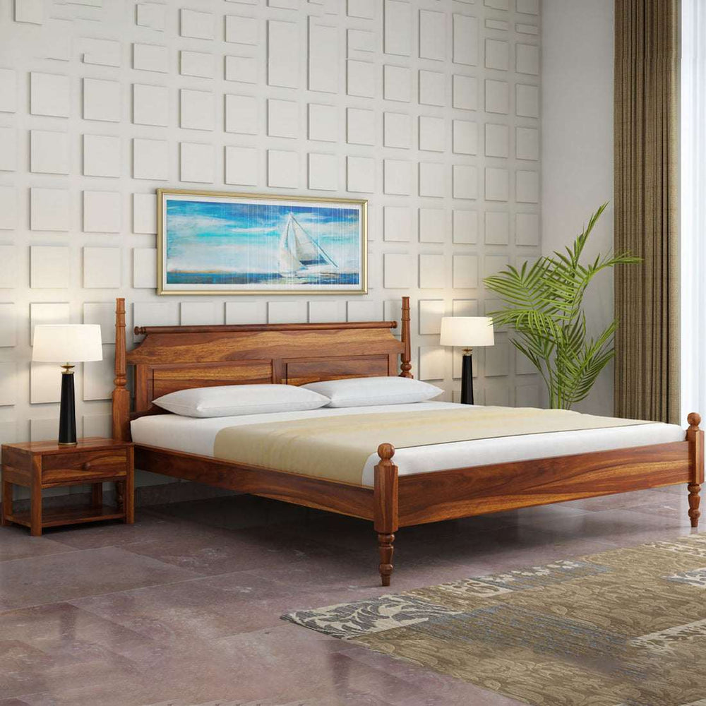 Bala Sheesham Wood Queen Size Bed In Teak Finish Without Storage (60 x 78 inches)