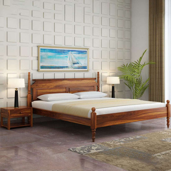 Bala Sheesham Wood Queen Size Bed In Teak Finish Without Storage (60 x 78 inches)