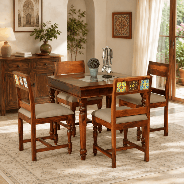 Rangrez Sheesham Wood 4 Seater Dining Set In Honey Oak Finish With Cushioned Chair