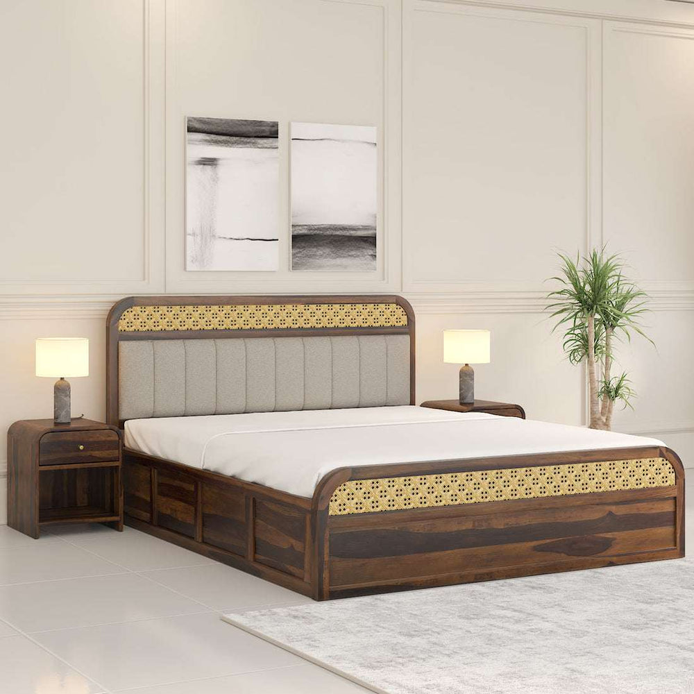 Floral Solid Wood Queen Size Hydrulic Storage Bed In Provincial Teak Finish (Beige) (60 - 78 inch)