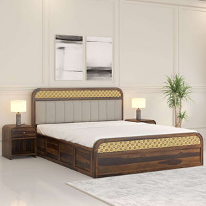 Floral Solid Wood Queen Size Hydrulic Storage Bed In Provincial Teak Finish (Beige) (60 - 78 inch)
