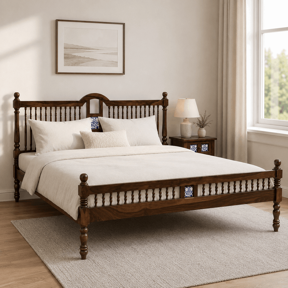 Nilaya Sheesham Wood Queen Size Bed In Provincial teak Finish (60 - 78 inch Mattress Size)