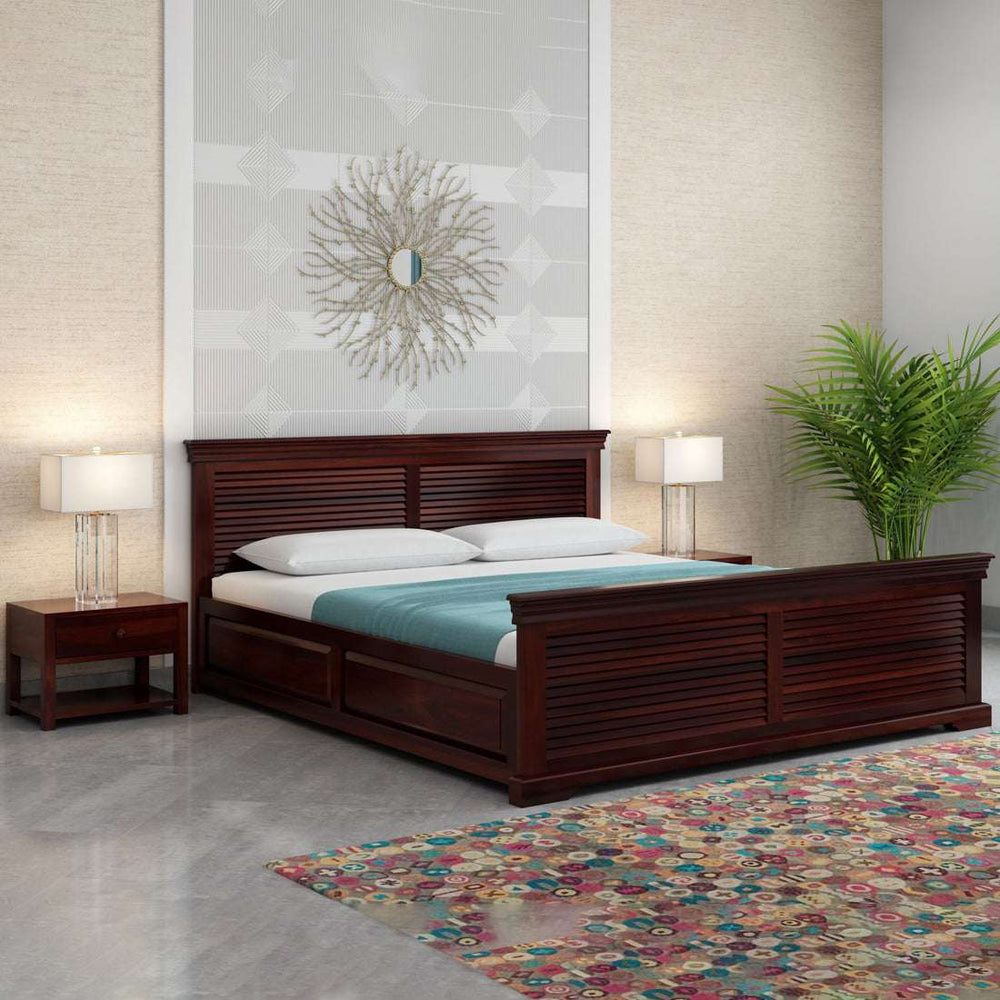 Hearti Sheesham Wood Queen Size Bed In Walnut FinishWith Box Storage (60 x 78 inches)