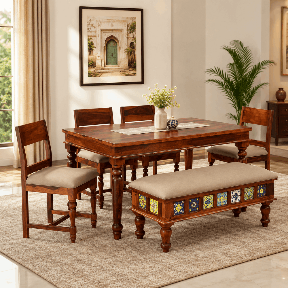 Rangrez Sheesham Wood 6 Seater Dining Set In Honey Oak Finish With Cushioned Bench