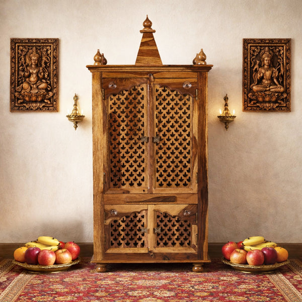 ium Sheesham Wood Prayer Unit in Teak Finish