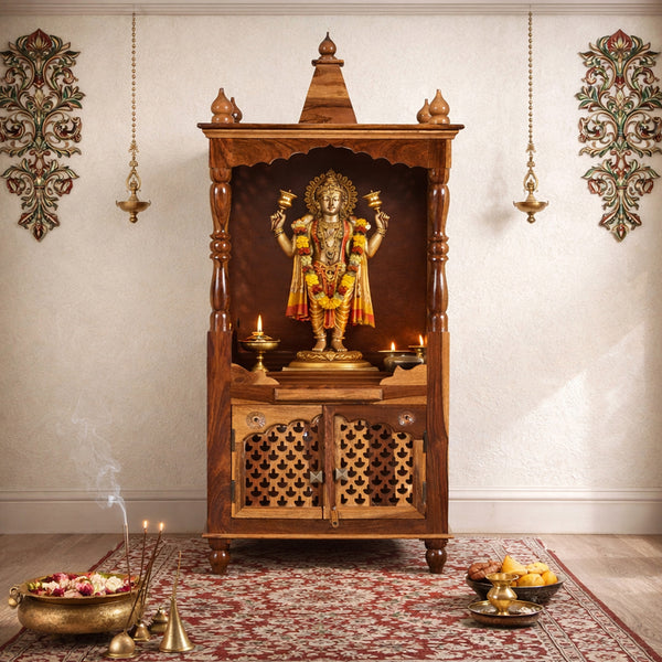 Phiv Sheesham Wood Prayer Unit in Teak Finish