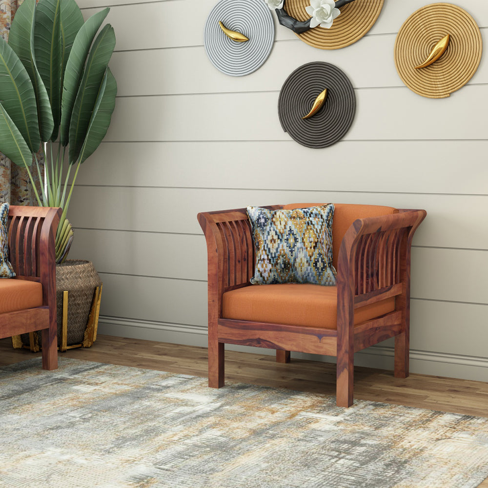 Haveli 2+1+1 Seater Wooden Sofa (Orange Colour, Teak Finish)