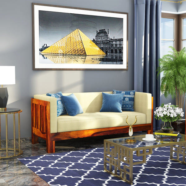 Prashiv 3+2 Seater Wooden Sofa (Creame Colour, Honey Finish)