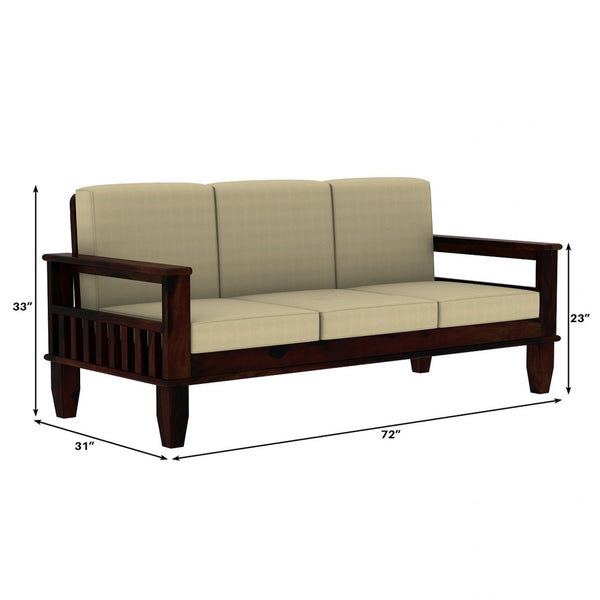 Madhavi 3 Seater Wooden Sofa (Creame Colour, Walnut Finish)