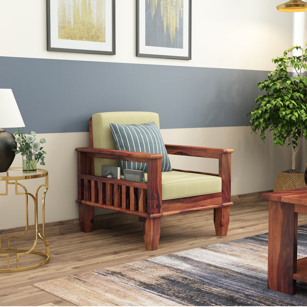 "Madhavi 3+2+1 Seater Wooden Sofa (Creame Colour, Teak Finish) "