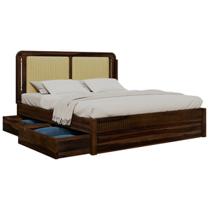 Lotus Sheesham Wood Queen Size Bed In Provincial Teak Finish With Drawer Storage (60 x 78 inches)