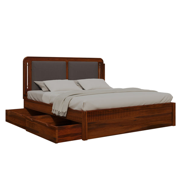 Lotus Sheesham Wood King Size Bed In Honey Oak Finish With Box Storage (72 x 78 inches)