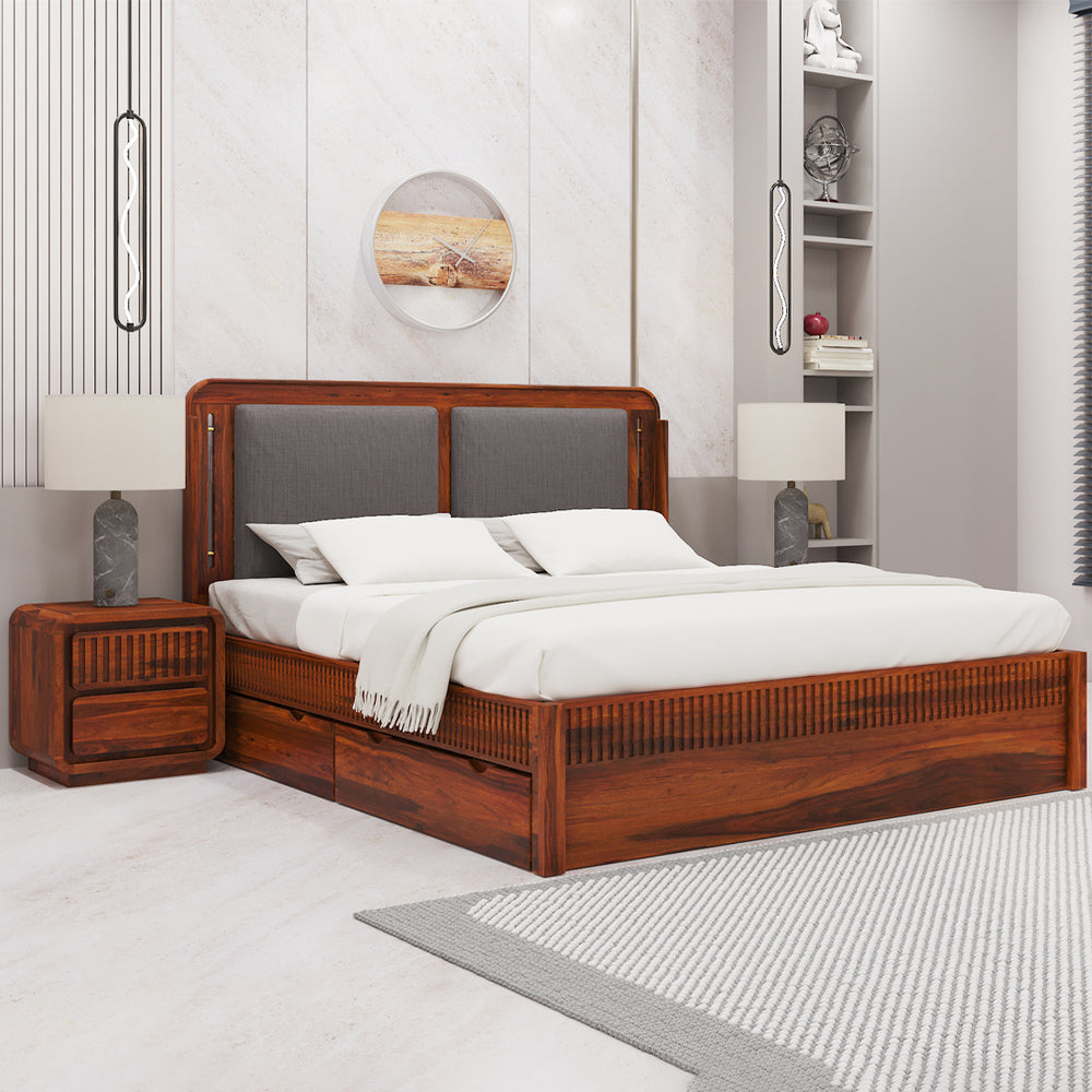 Lotus Sheesham Wood King Size Bed In Honey Oak Finish With Box Storage (72 x 78 inches)