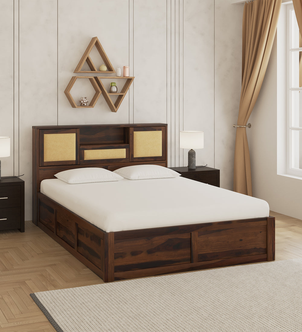 Kambry Sheesham Wood Queen Size Bed In Provincial Teak Finish With Headboard & Box Storage (60 x 78 inches)