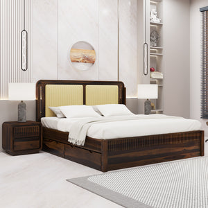 Lotus Sheesham Wood Queen Size Bed In Provincial Teak Finish With Drawer Storage (60 x 78 inches)
