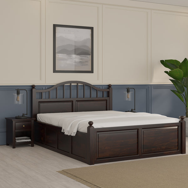 Syan Sheesham Wood Queen Size Bed In Walnut Finish With Hydraulic Storage (60 x 78 inches)