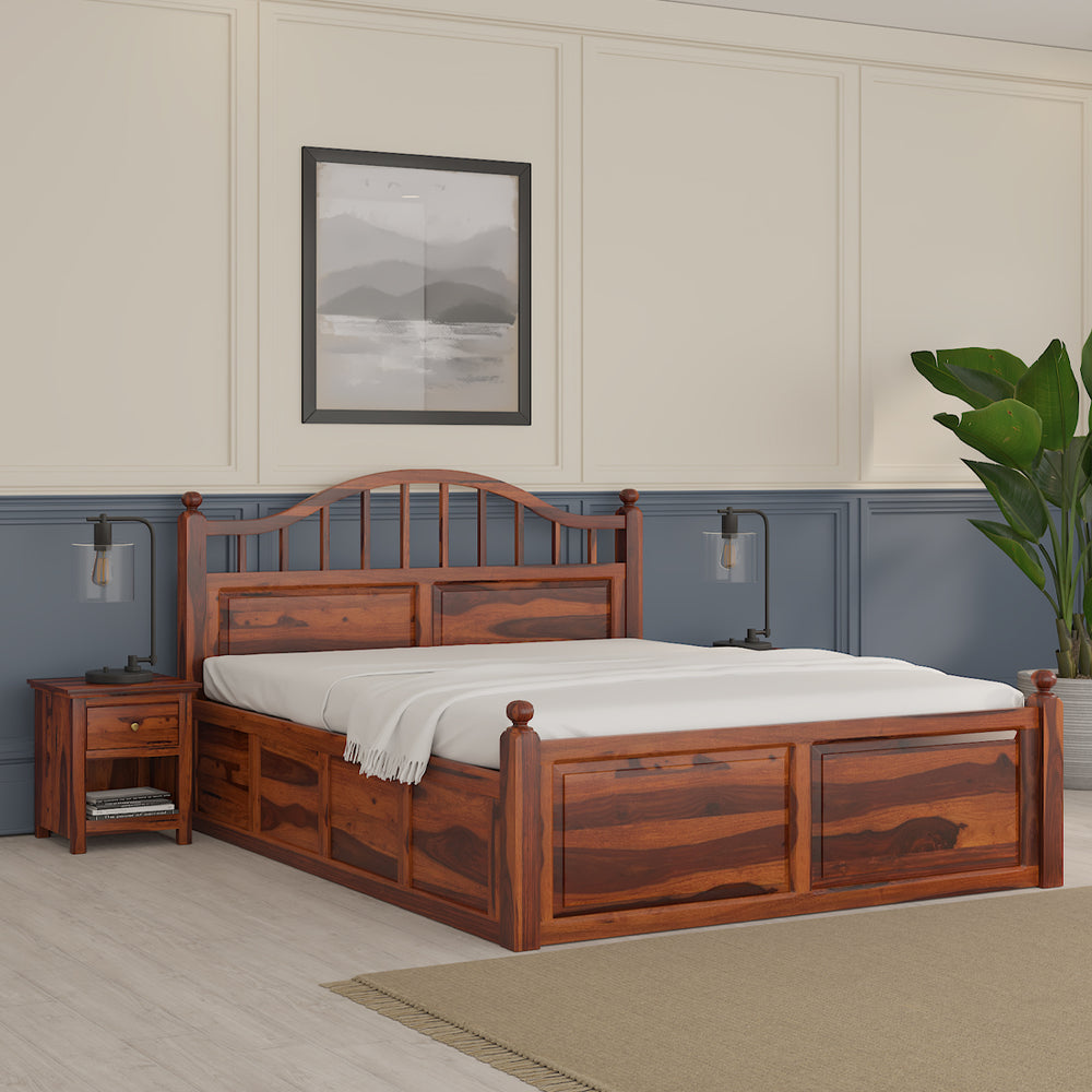 Syan Sheesham Wood Queen Size Bed In Honey Oak Finish With Hydraulic Storage (60 x 78 inches)