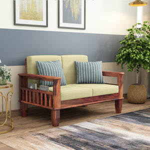 "Madhavi 3+2+1 Seater Wooden Sofa (Creame Colour, Teak Finish) "