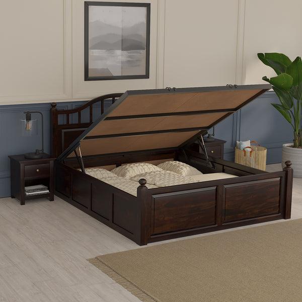 Syan Sheesham Wood Queen Size Bed In Walnut Finish With Hydraulic Storage (60 x 78 inches)