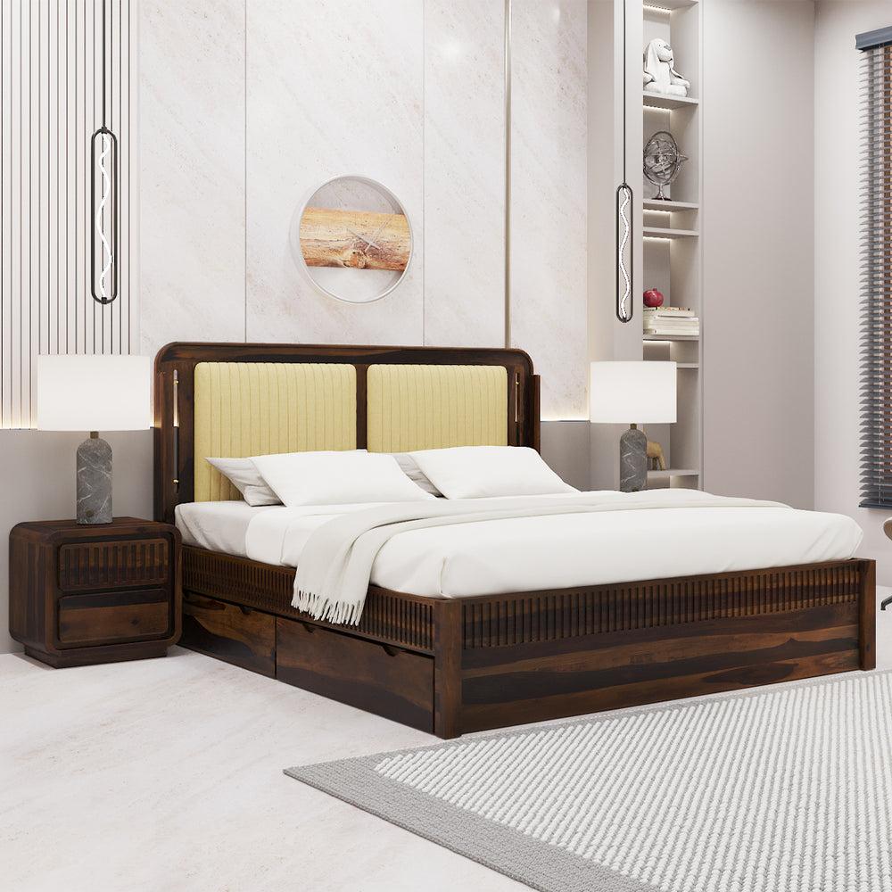 Lotus Sheesham Wood King Size Bed In Provincial Teak Finish With Drawer Storage (72 x 78 inches)