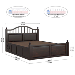 Syan Sheesham Wood Queen Size Bed In Walnut Finish With Hydraulic Storage (60 x 78 inches)