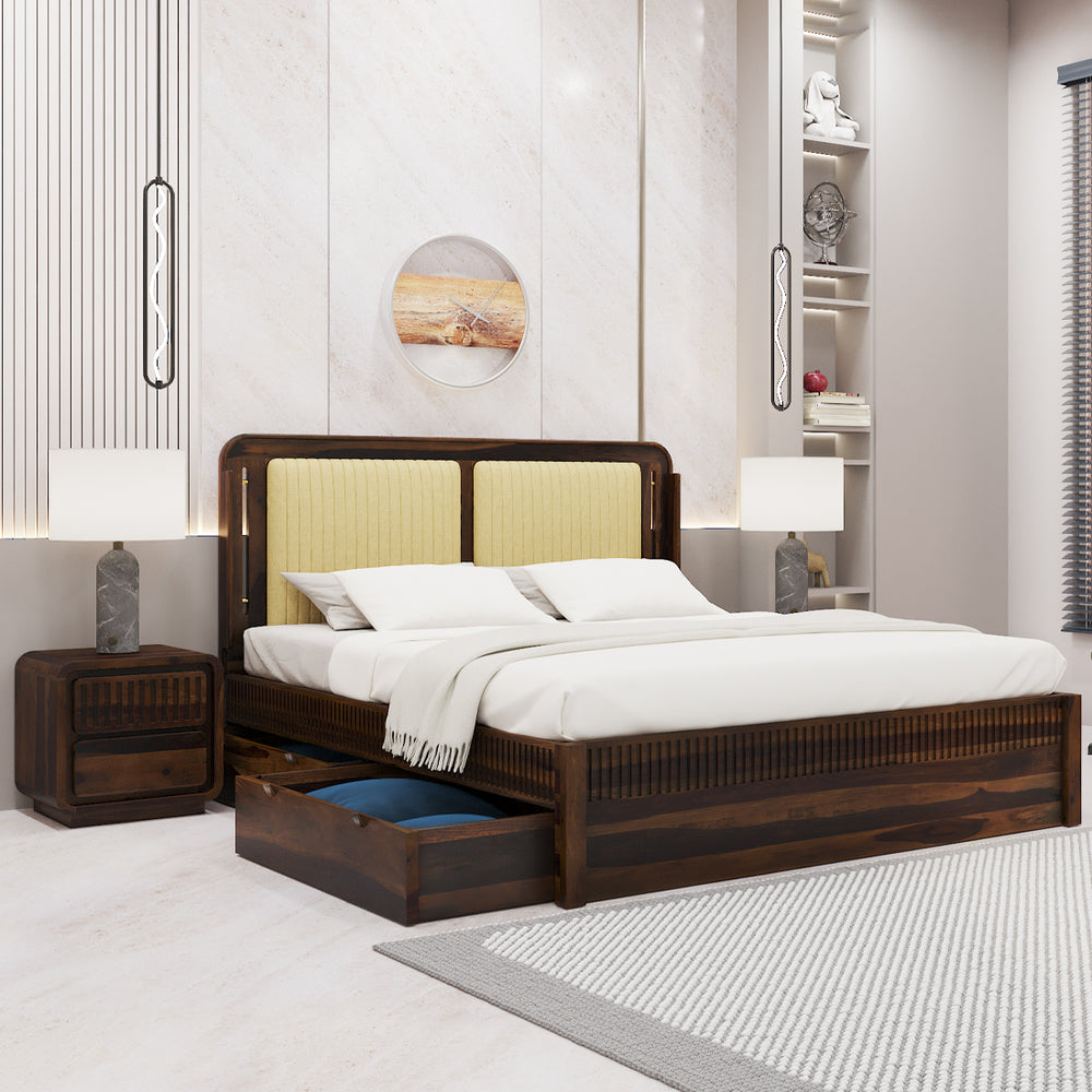 Lotus Sheesham Wood King Size Bed In Provincial Teak Finish With Drawer Storage (72 x 78 inches)